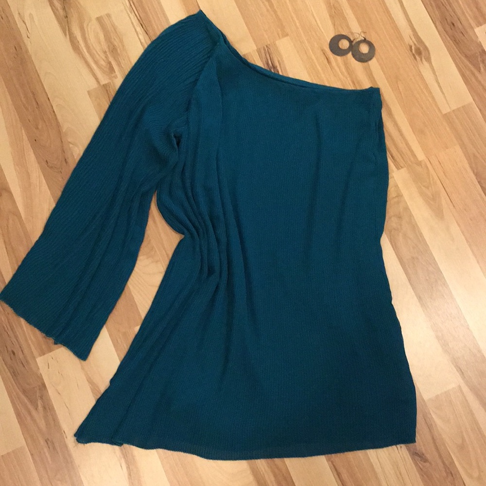 Pleated teal off the shoulder dress